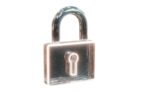 Glowing glass padlock on black background. Represents security, privacy, access, and protection