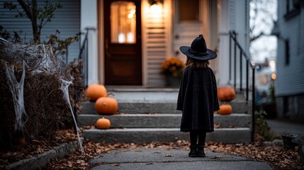 Fototapeta premium Halloween Scene with Young Witch Backlit by Porch Light.