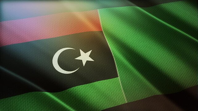 The diagonal and stitched-aligned combined Anti Gaddafi forces and Libyan Arab Jamahiriya flags are waving in the wind. Concept of Strategic negotiation, national relationship, Conflict, and War. 