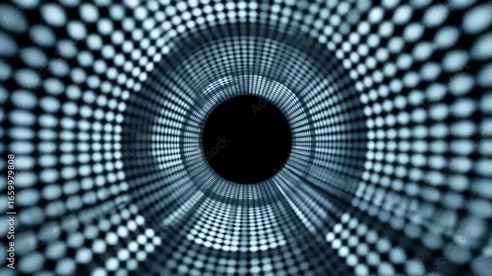 Poster abstract 3d tunnel with glowing dots, dynamic light animation and futuristic design