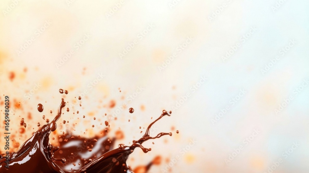 Poster chocolate splash creates dynamic patterns against soft background