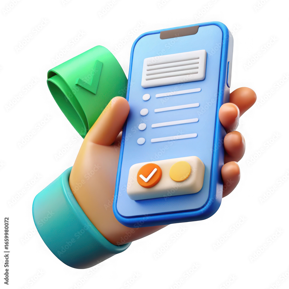 Poster 3d hand holding smartphone with checklist and green rolled paper with checkmark on black background 