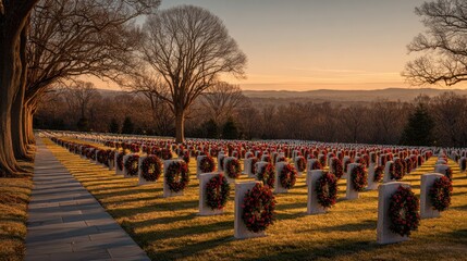 Many graves in a peaceful cemetery are decorated with festive wreaths during sunset in autumn