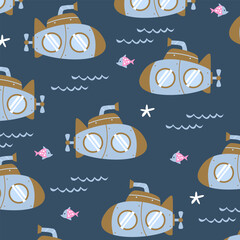 submarine ship sea background seamless pattern design vector cartoon for kids apparel fullprint fabric