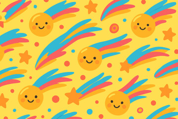 Fototapeta premium Smiling Shooting Stars Seamless Pattern on Yellow Background