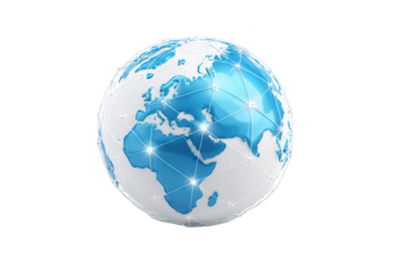 3D globe with bright blue continents and a network of connected points, on black bg