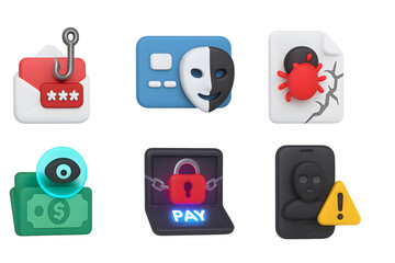3D cybersecurity icons set featuring phishing email with fish hook, fake identity mask with credit card, malware bug on laptop, suspicious money scam, ransomware lock, and ghost malware on smartphone.