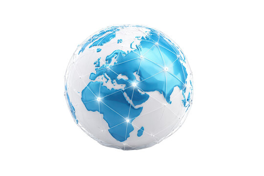 3D globe with bright blue continents and a network of connected points, on black bg