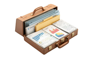 Open brown briefcase filled with documents, charts, and financial data