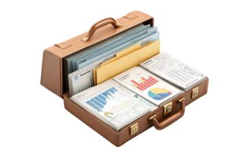 Open brown briefcase filled with documents, charts, and financial data