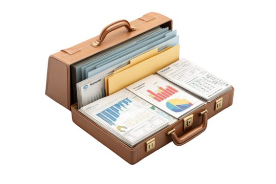 Open brown briefcase filled with documents, charts, and financial data