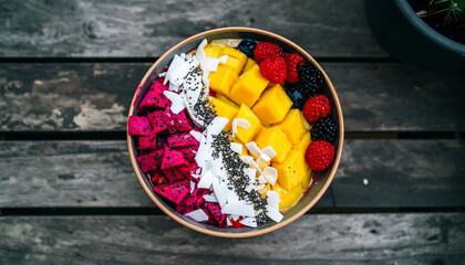 Vibrant smoothie bowl with dragon fruit, mango, raspberries, and coconut for healthy eating