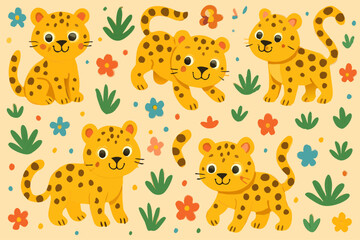 Cute leopards and flowers cartoon illustration