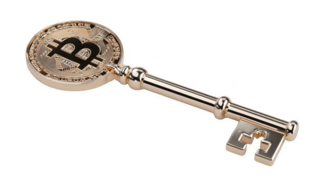 Golden key with bitcoin symbol at its head, signifying digital currency access