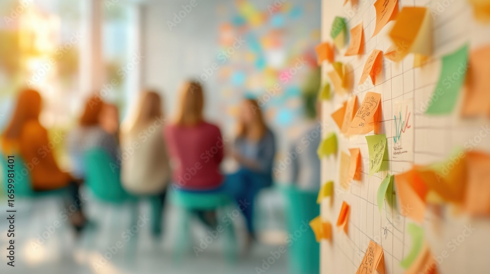 Poster team brainstorming session with sticky notes and graphs in modern office