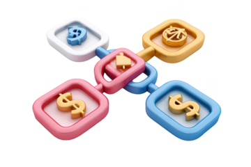 Colorful 3D illustration depicting various financial symbols interconnected