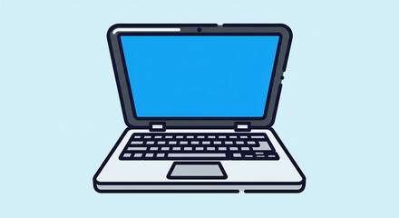 Open laptop icon with bright blue screen and grey keyboard, fun style colorful flat design, suitable for modern technology illustrations.