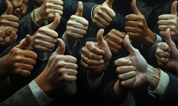 A multitude of thumbs up gestures convey collective approval and unanimous positive sentiment or