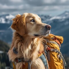 Golden retriever hiking with backpacker in mountains, loyal trail companion, outdoor adventure dog