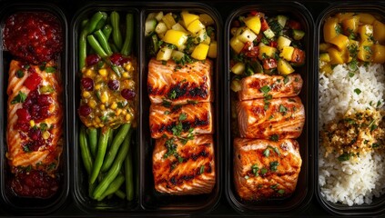 Five compartments of grilled salmon meals with various vegetables, sauces, and rice, arranged in black meal prep containers.