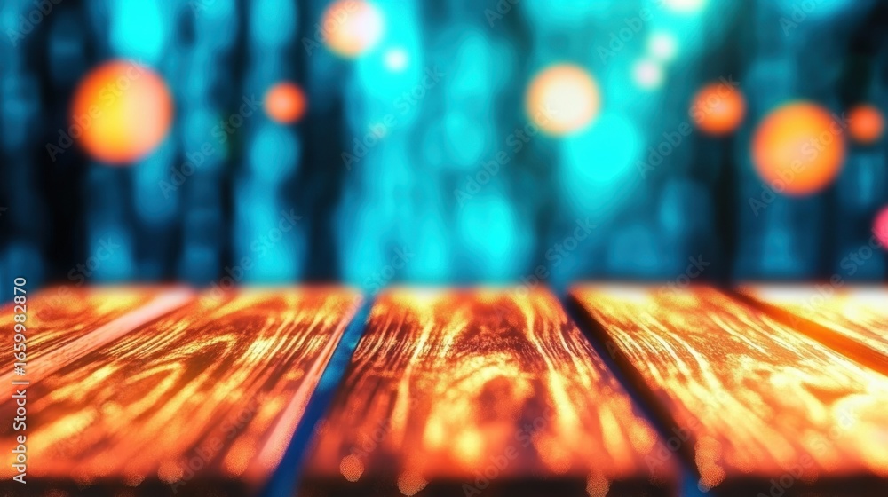 Poster wooden table surface with bokeh lights in a colorful evening setting