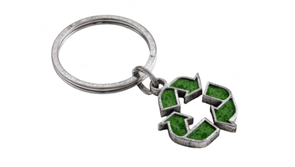Metal keychain with recycled symbol and green grass inside