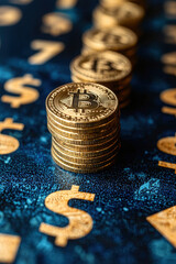 Stacked bitcoin coin cryptocurrency finance investment digital currency golden coin wealth blue background dollar symbol economic growth modern money concept