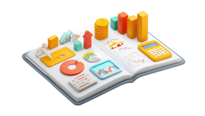 3D rendered open notebook with financial charts, graphs, and calculator