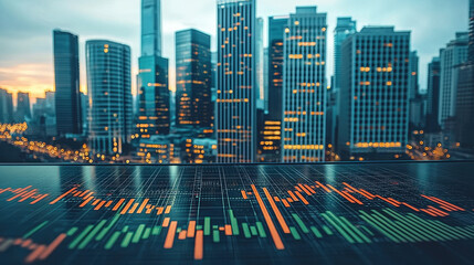Modern city skyline with tall glass buildings at sunset, digital stock market chart overlay, financial data visualization, urban business district, vibrant and dynamic atmosphere