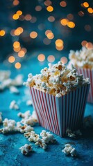 Freshly popped popcorn fills striped containers against a blue background with twinkling lights