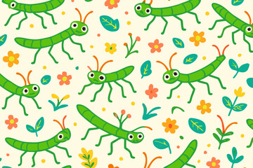 Whimsical Grasshopper and Floral Pattern A Cheerful, Nature-Inspired Design