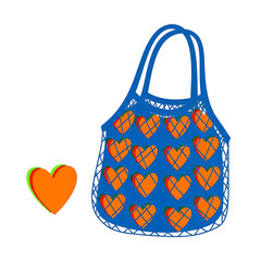 Blue Net Bag with Orange Hearts and Floating PNG file isolated on white transparent background hd file download.