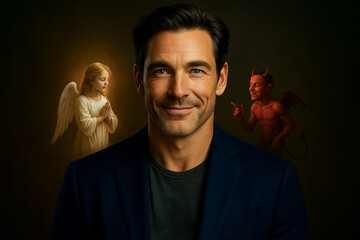 Mature Libra man with devil and angel on shoulders contemplates his choices symbolizing life temptations