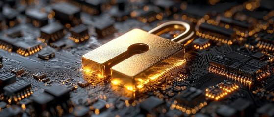 Golden padlock circuit board cybersecurity data protection technology secure electronic digital hardware glowing security concept closeup modern safe encryption futuristic illuminated network