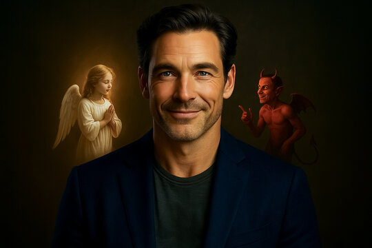 Mature Libra man with devil and angel on shoulders contemplates his choices symbolizing life temptations