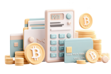 Pastel-toned 3D illustration of financial tools.  Bitcoin, calculator, and cards surround a stack of coins