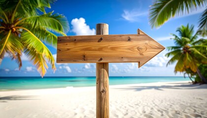 Rustic wooden arrow signpost on a tropical beach paradise pointing the way to a vacation destination with palm trees and blue sky.