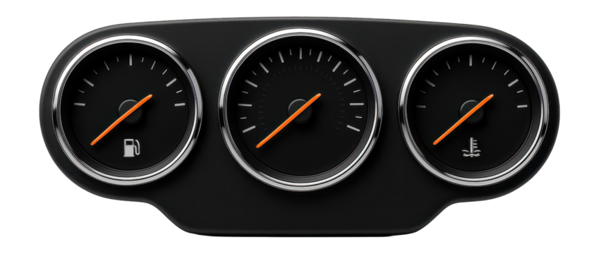 Analog instrument cluster with three circular gauges and chrome bezels