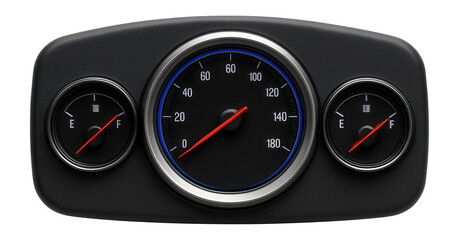 Compact dashboard with central speedometer and flanking fuel gauge