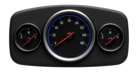 Compact dashboard with central speedometer and flanking fuel gauge
