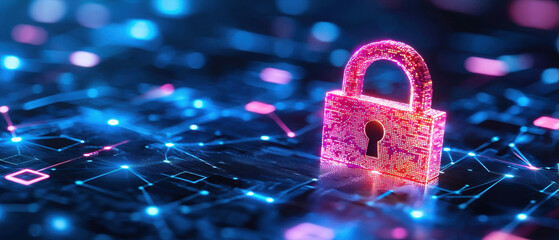 Digital padlock cybersecurity data protection glowing blue and pink network secure technology encryption futuristic abstract background online safety privacy concept