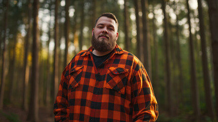 Naklejka premium Man with beard and orange plaid shirt stands in a forest with tall trees behind him smiling