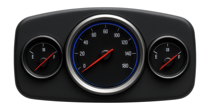 Compact dashboard with central speedometer and flanking fuel gauge