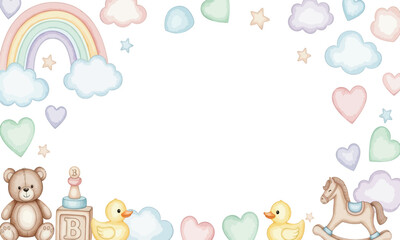 Pastel-colored, whimsical border design featuring baby toys, clouds, hearts, and a rainbow, perfect for a children's theme.
