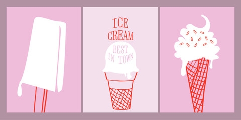 Ice cream showcase concept set. Retro Design template collection in blue colors for cafe and restaurant. Italian Cold dessert flayer bundle.