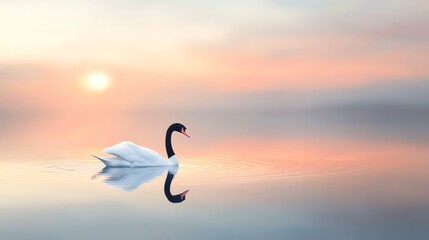 Fototapeta premium Ultra-realistic digital painting: A graceful swan is a sharp silhouette on a tranquil pond, reflecting a gradient sunset of orange and blue.