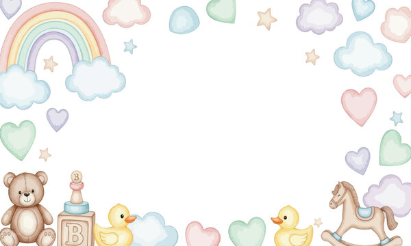 Pastel-colored, whimsical border design featuring baby toys, clouds, hearts, and a rainbow, perfect for a children's theme.
