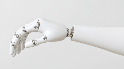 Robotic hand artificial intelligence technology white minimalist futuristic mechanical innovation prosthetic metal