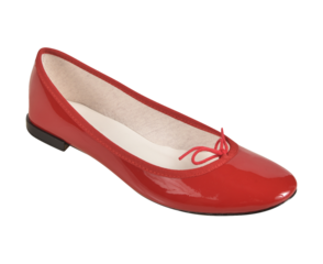 Women’s red ballet ballerina flat shoe with bow, glossy patent leather finish, stylish and comfortable footwear for casual and formal wear, transparent background.