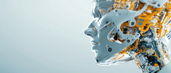 Futuristic robot head with intricate mechanical parts, metallic surface, and exposed circuits, showcasing advanced artificial intelligence and minimalist design style